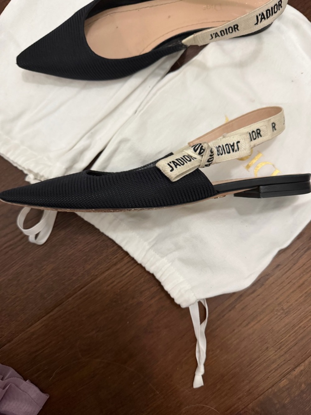 Dior Black Pointed-Toe J'Adior Slingback Flats with Cream Ribbon - Picture 2 of 3